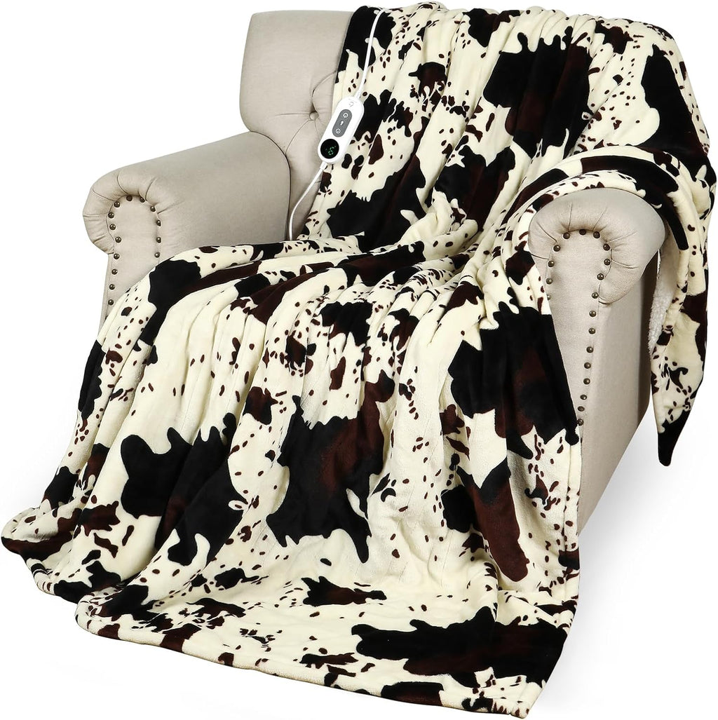 Heated Twin Blanket, 60"x80" Cow Print Electric Twin Heating Blanket, Cozy Soft Flannel Sherpa Heating Blankets with 9 Heat Levels & 2/4/8/12H Auto-Off