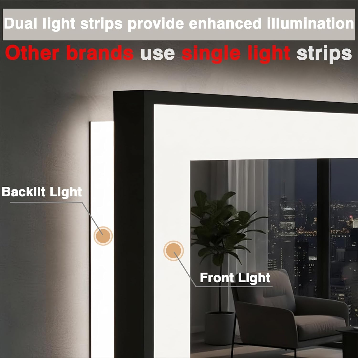 55x40 Bathroom Mirror with LED Lights - Black Framed, Front and Backlit Mirror, Anti-Fog LED Vanity Mirror, 3 Colors and Dimmable Mirror, Waterproof, Corrosion Proof (Horizontal/Vertical)