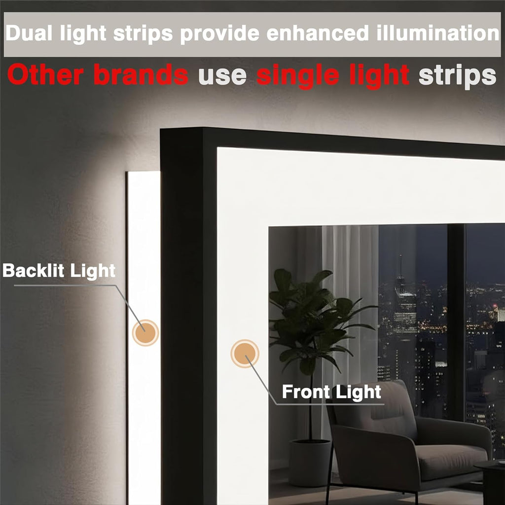 Large 88x38 LED Bathroom Mirrors - Black Aluminum Trim (Front and Backlit), Anti-Fog Vanity Mirror with Lights,Stepless Dimmable Lighted, 3 Colors Smart, Memory (Horizontal/Vertical)