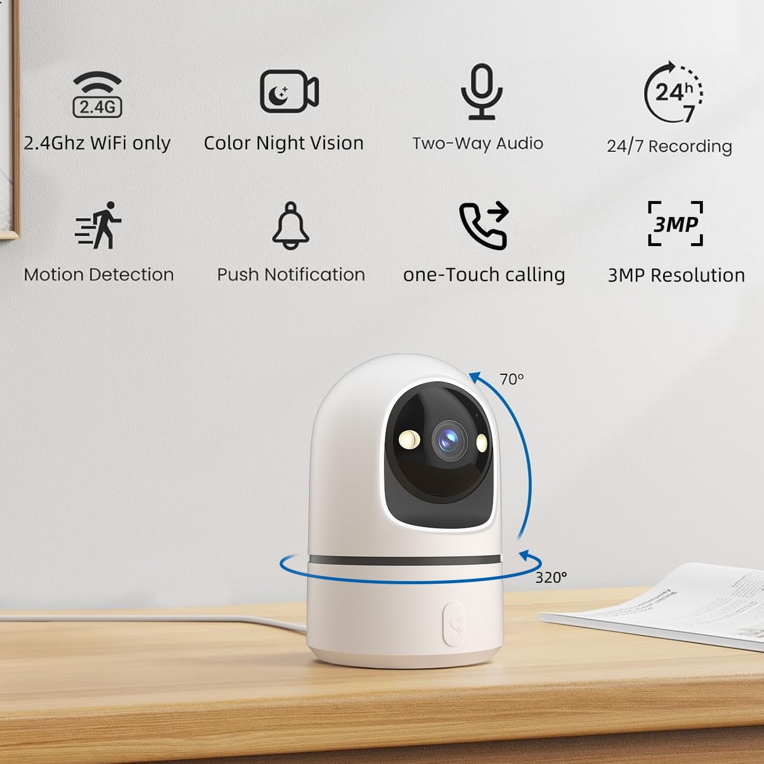 2K Indoor Security Camera, 360° WiFi Cameras for Home Security, Baby/Pet Camera with Phone App, One-Touch Call, Auto Tracking, IR Night Vision, Motion Detection, TF/Cloud Storage, 2.4Ghz WiFi