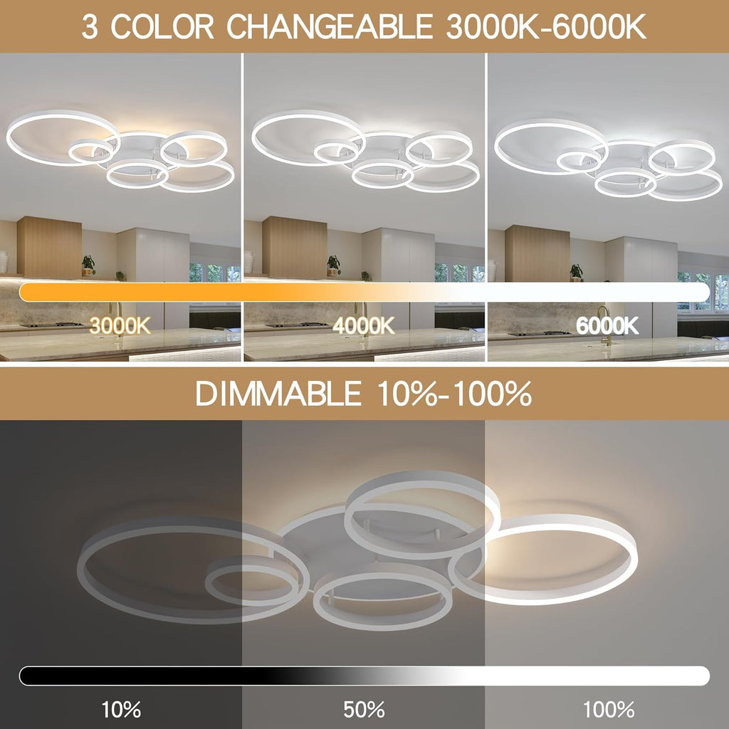 O'NEELDY Modern LED Ceiling Light White Flush Mount Ceiling Lights Fixtures Dimmable 47" Dining Room Light Fixture with Remote 6 Rings Kitchen Lighting Fixtures Ceiling Lamp for Bedroom,Living Room