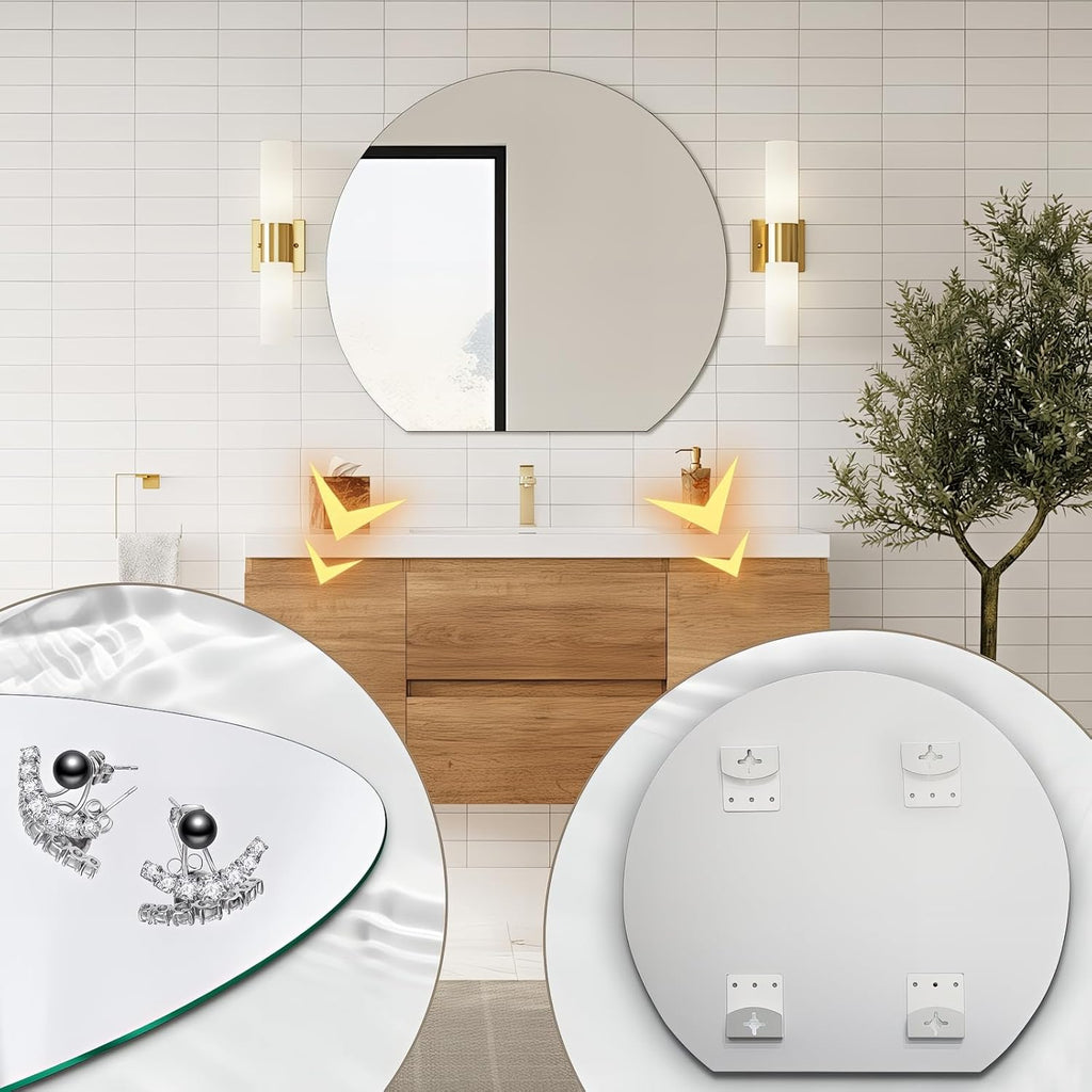 Half Moon Bathroom Mirror 28", Modern Frameless Wall Mirror, Hanging Decorative Vanity Mirror, Minimalist Explosion Proof Semi Circle Mirror for Living Room Bedroom Entryway, Down Cut