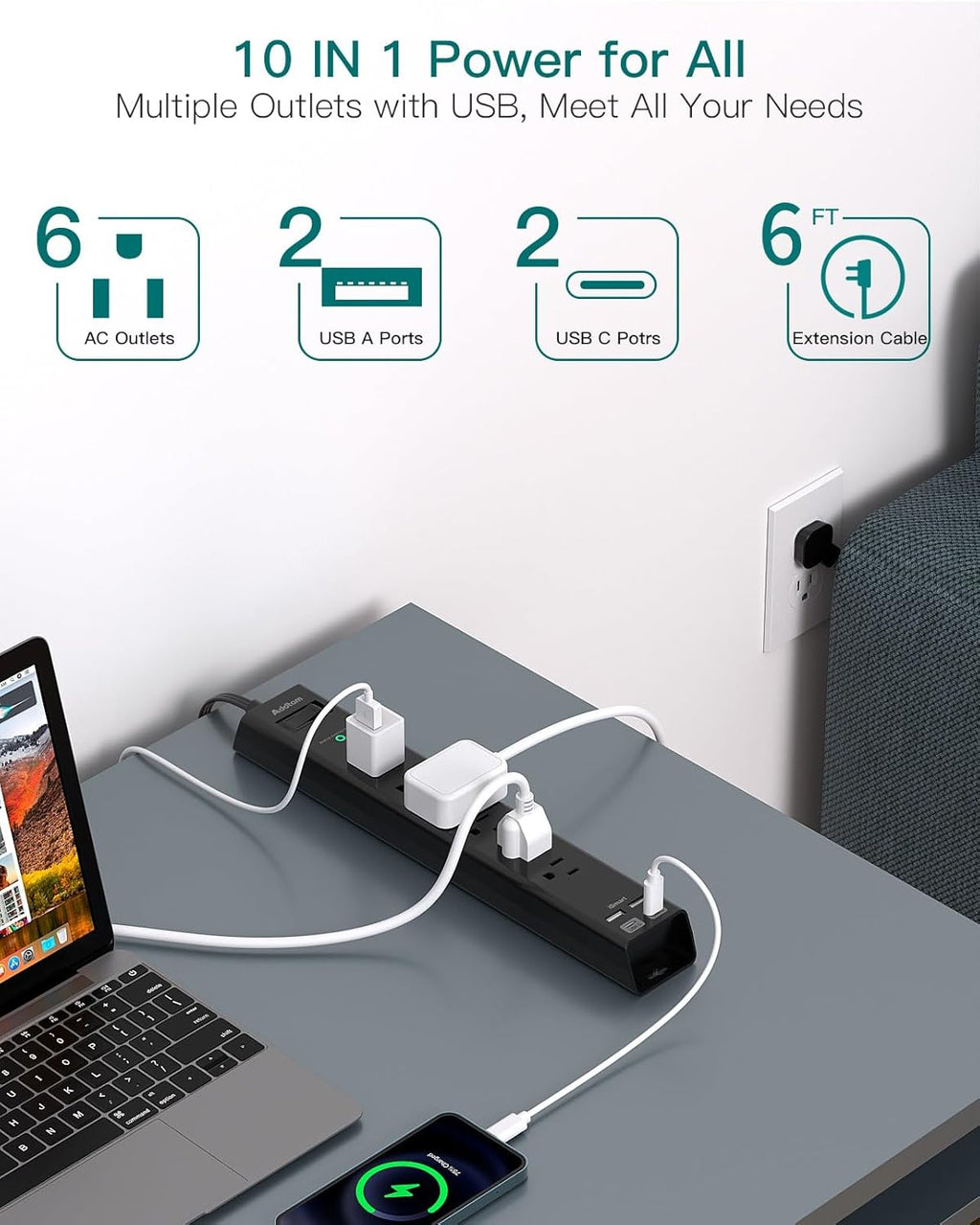 6Ft Power Strip Surge Protector - Addtam Extension Cord with 6 AC Outlets and 4 USB (2 USB-C) Ports, 1875W/15A, Wall Mount, Multi Plug Outlet Extender for Home Office College Dorm Room Essentials
