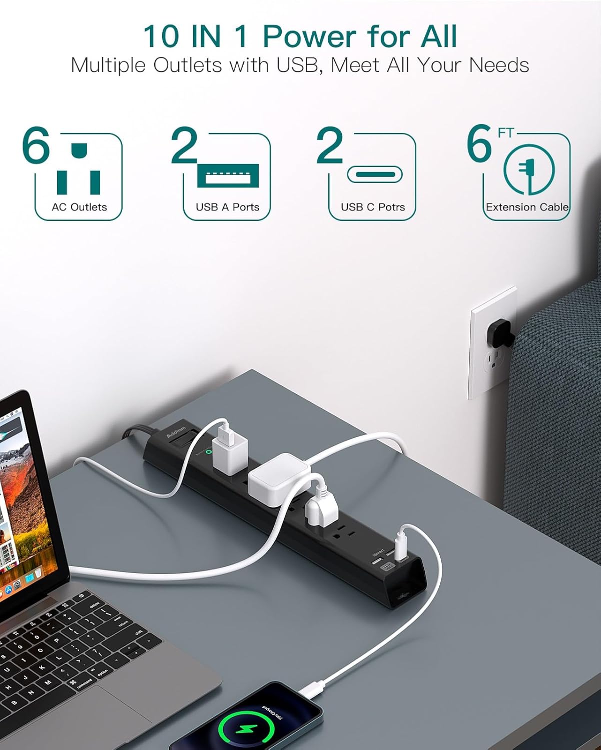 6Ft Power Strip Surge Protector - Addtam Extension Cord with 6 AC Outlets and 4 USB (2 USB-C) Ports, 1875W/15A, Wall Mount, Multi Plug Outlet Extender for Home Office College Dorm Room Essentials