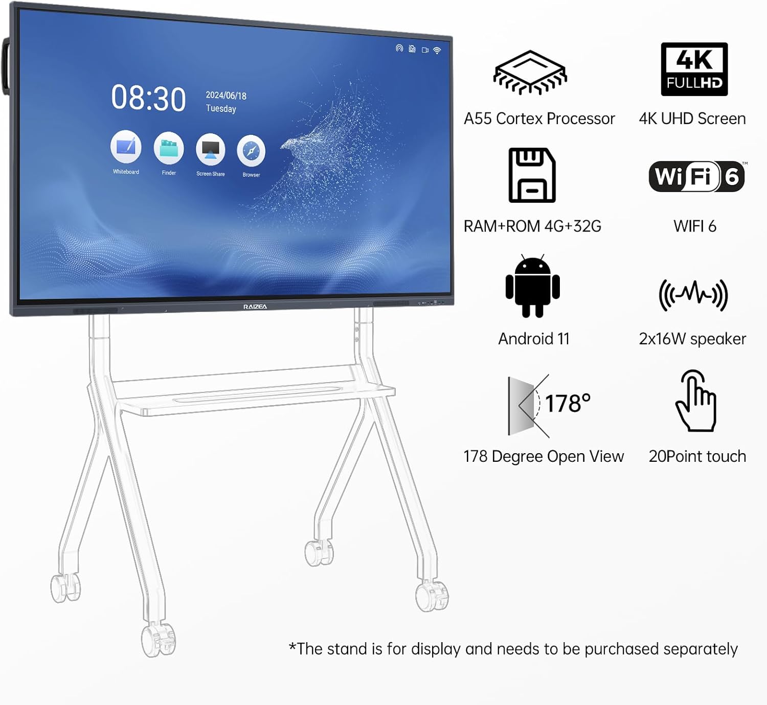 Smart Board 55 inch Interactive Whiteboard Display 4K UHD Touchscreen Digital Electronic Whiteboard for Home Office Classroom Presentation, Writing, Coaching(Board & Wall Mount Included)