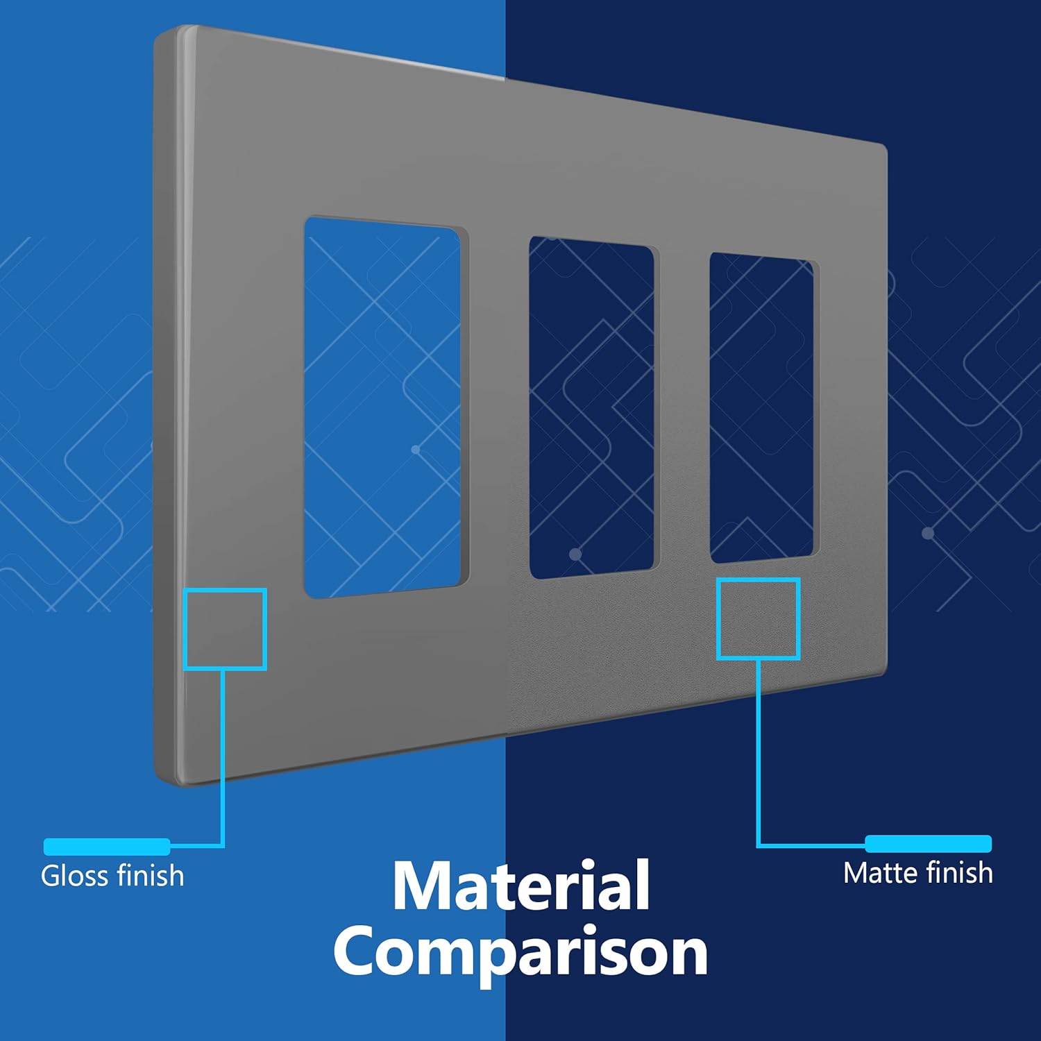 LIDER Matte Finish Decorator Switch Cover, Screwless Wall Plate, Mid-Size 3-Gang 4.88" x 6.77", Unbreakable Polycarbonate Thermoplastic, UL Listed, LSWP-33M-GY, Gray