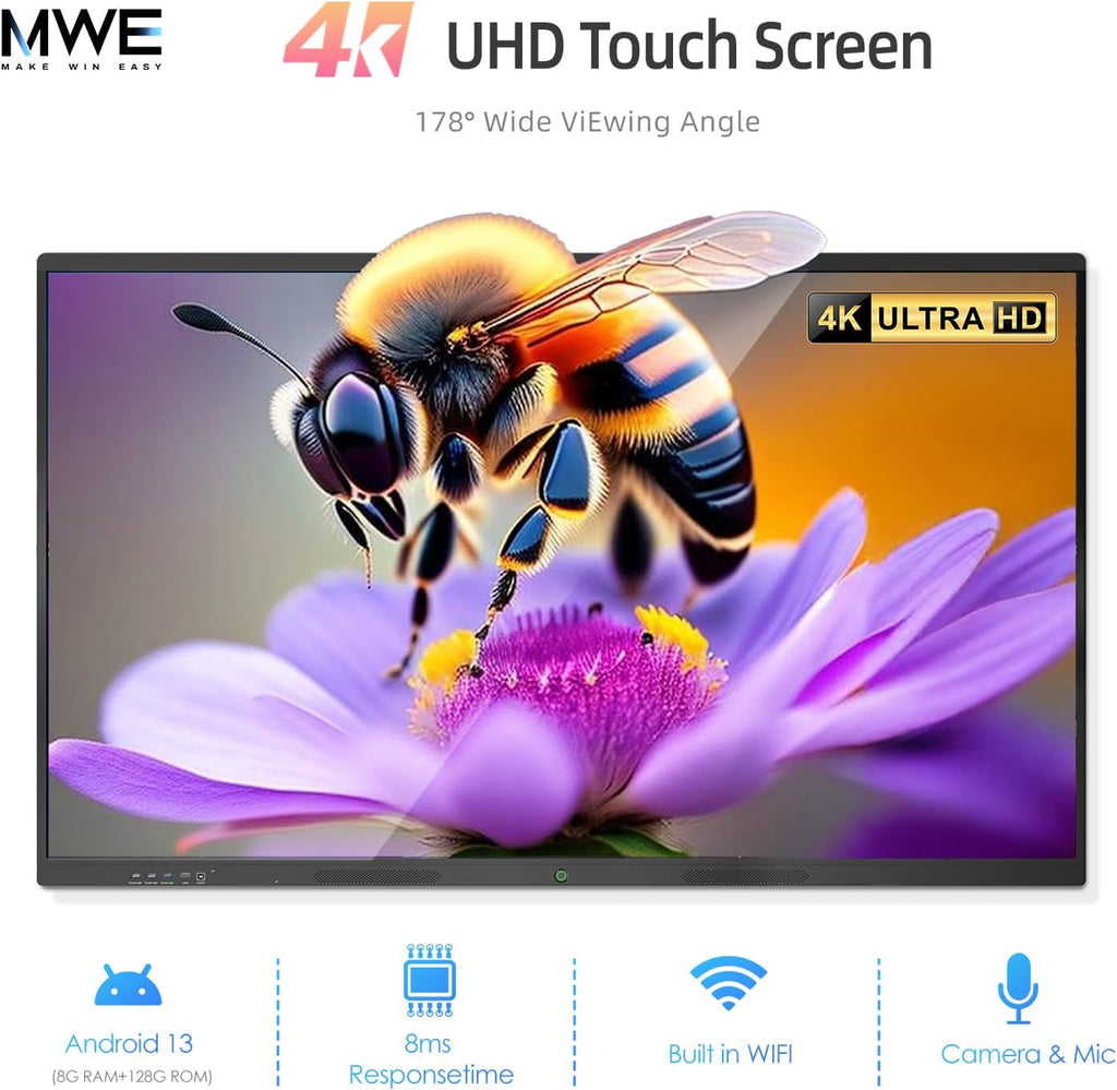 55" Smart Board, Interactive Whiteboard, 4K Electronic Board, UHD Touchscreen, Android 13, 8+128G, All in One Smartboard for Classroom Office Home (Wall Mount Included)