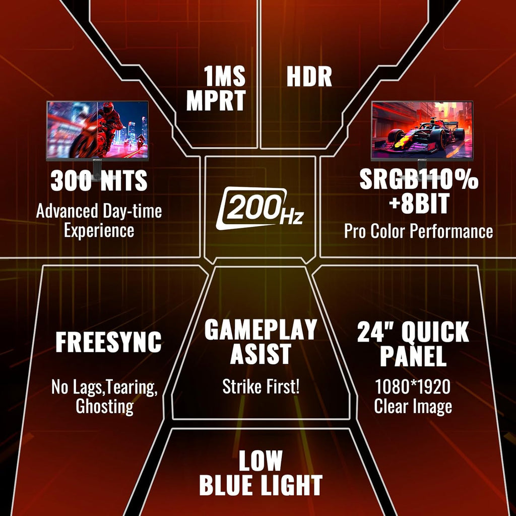 SANSUI Gaming Monitor, 24 Inch 200Hz 180Hz, FHD 1080P 1ms 110% sRGB Computer Monitor, HDMI DP Ports VESA Support for Game Office (HDMI Cable Included)