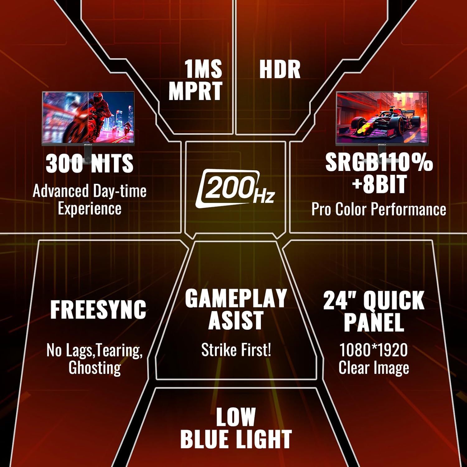 SANSUI Gaming Monitor, 24 Inch 200Hz 180Hz, FHD 1080P 1ms 110% sRGB Computer Monitor, HDMI DP Ports VESA Support for Game Office (HDMI Cable Included)