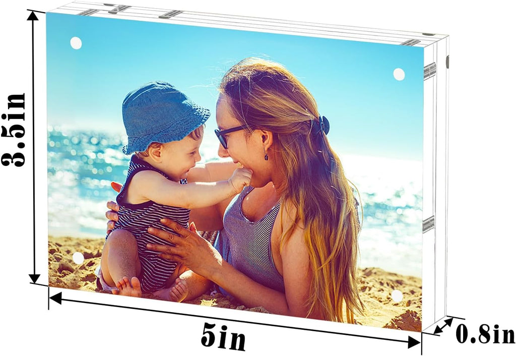 HELPLEX 3 Pack 3.5x5 Acrylic Picture Frames, 20mm Thicker Frameless Clear Frame Double Sided Magnetic Frame, Free Standing Desktop Display Stand Acrylic Frames