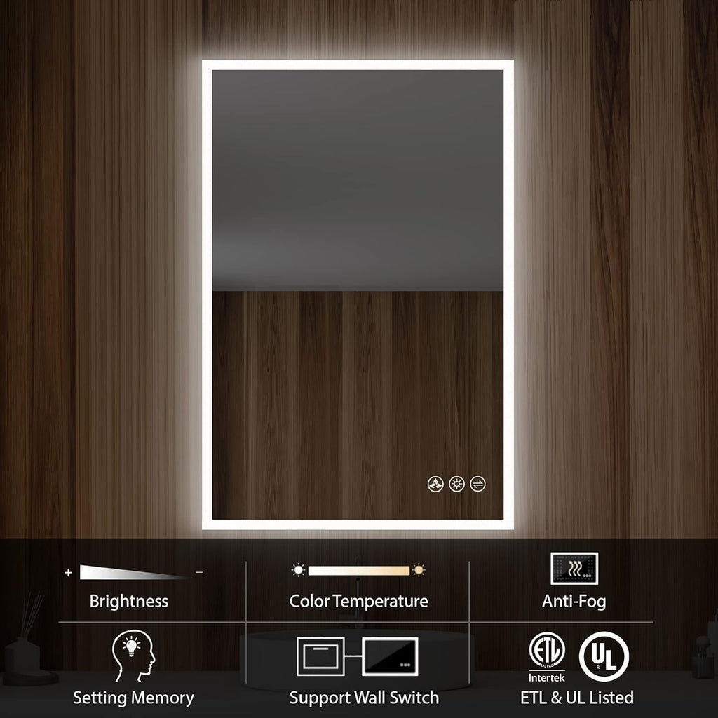 24x36 LED Mirror for Bathroom | Backlit LED Vanity Mirror with Anti-Fog, Stepless Dimmable, 3 Color Temperature | Wall Mounted Lighted Bathroom Mirror | Smart Vanity Makeup Mirror with Lights
