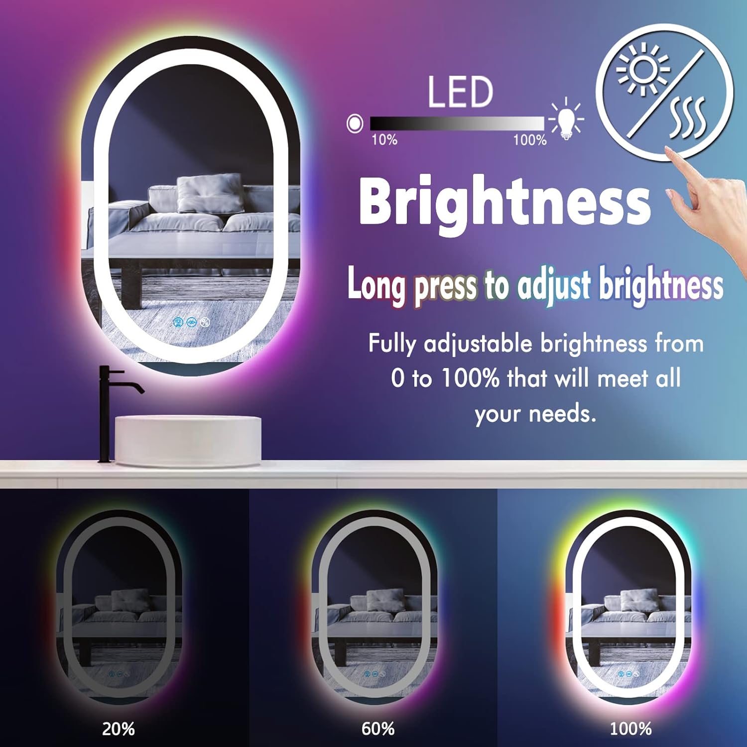 32 x 20 Inch RGB Oval Bathroom Mirror with Smart Dimmable 3 Color Front Lights & Rainbow Colorful Changing Backlit Oval Lighted Vanity Mirror for Bathroom Wall Horizontal or Vertical Mounted