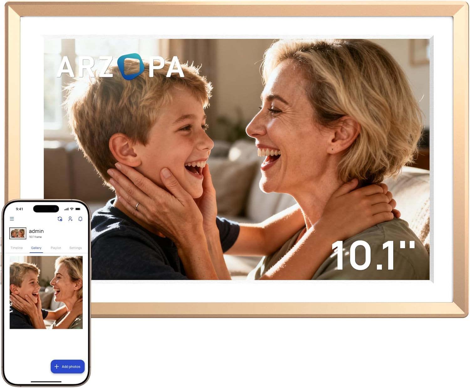 ARZOPA D10 Metal Digital Picture Frame 10.1" HD IPS Anti-Glare Touch Screen Load Photos & Videos Directly from Phone Ideal for Thoughtful Gifting Small and Exquisite - Champagne Gold