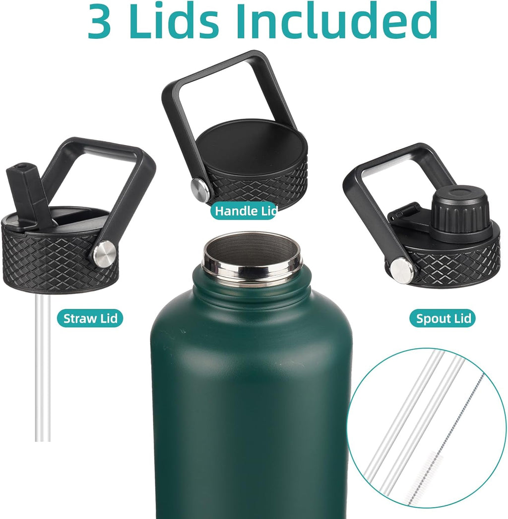Insulated Water Bottle with Straw,50 oz 3 Lids Water Jug with Carrying Bag,Paracord Handle,Double Wall Vacuum Stainless Steel Metal Flask,Dark Green