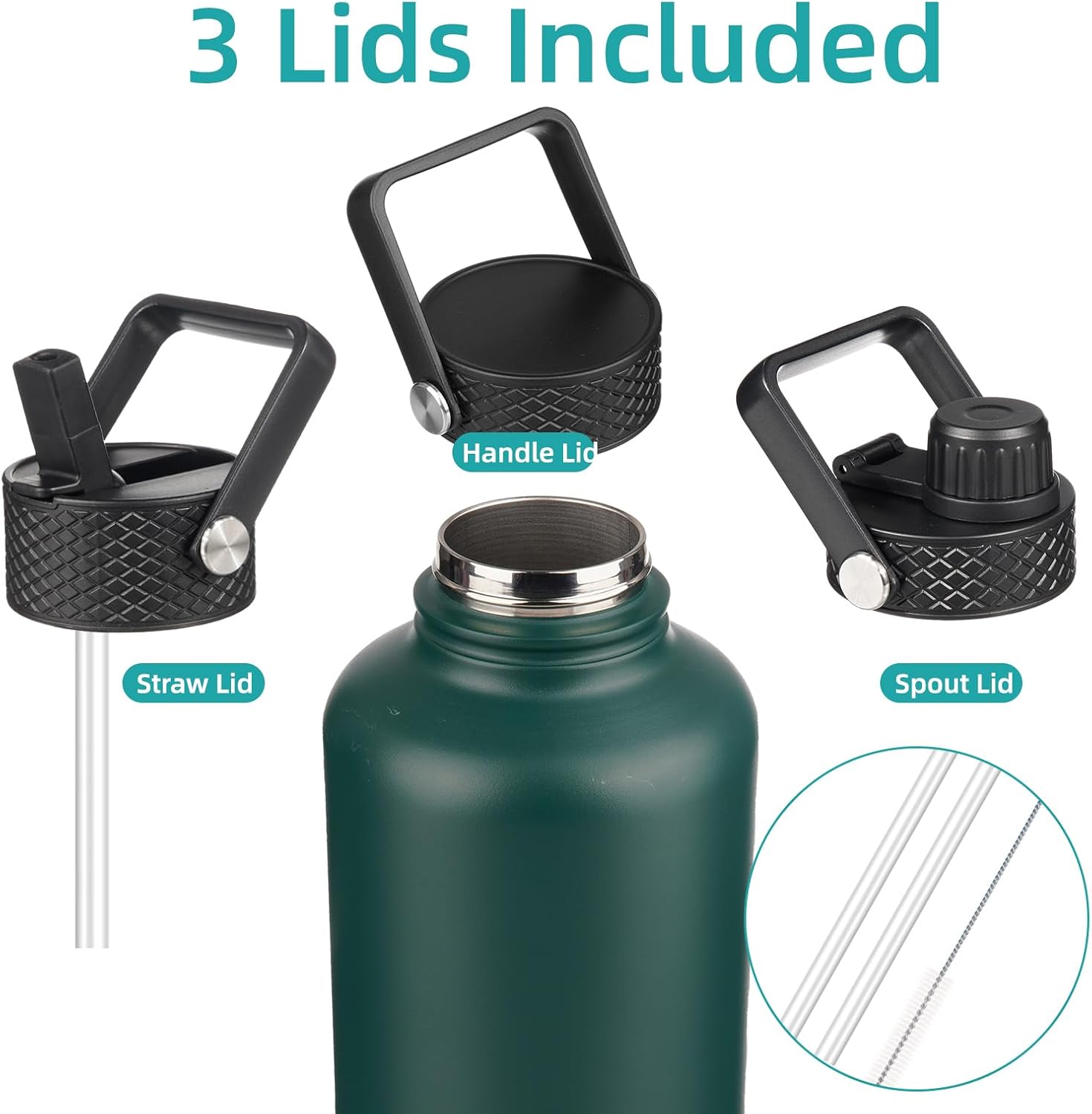 Insulated Water Bottle with Straw,50 oz 3 Lids Water Jug with Carrying Bag,Paracord Handle,Double Wall Vacuum Stainless Steel Metal Flask,Dark Green