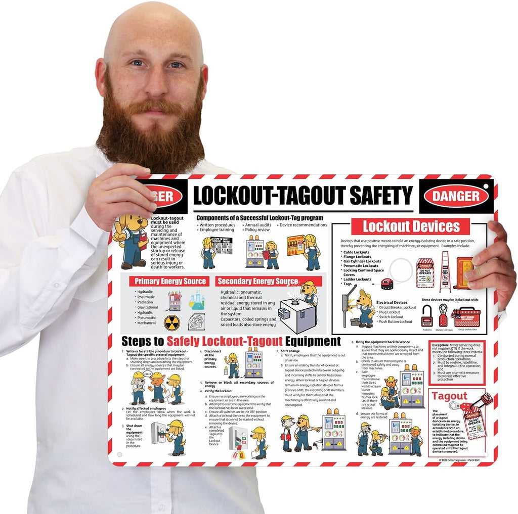 SmartSign 18 x 24 inch Lockout/Tagout Overview Safety Poster “Danger - Lockout/Tagout Safety, Components, Steps, Devices” 55 mil Tear-Resistant Plastic, Pre-Drilled Holes, Multicolor, Made in USA