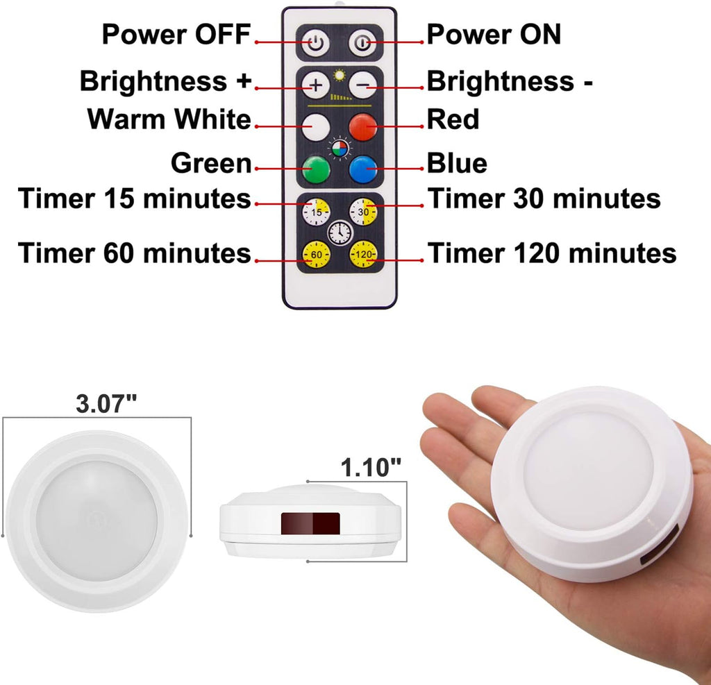 HONWELL Push Light, LED Puck Lights with Remote, Battery Operated RGB Fairy Lights Wireless Touch Tap Light Dimmable Closet Cabinet Lighting for Stick Voice Level Classroom