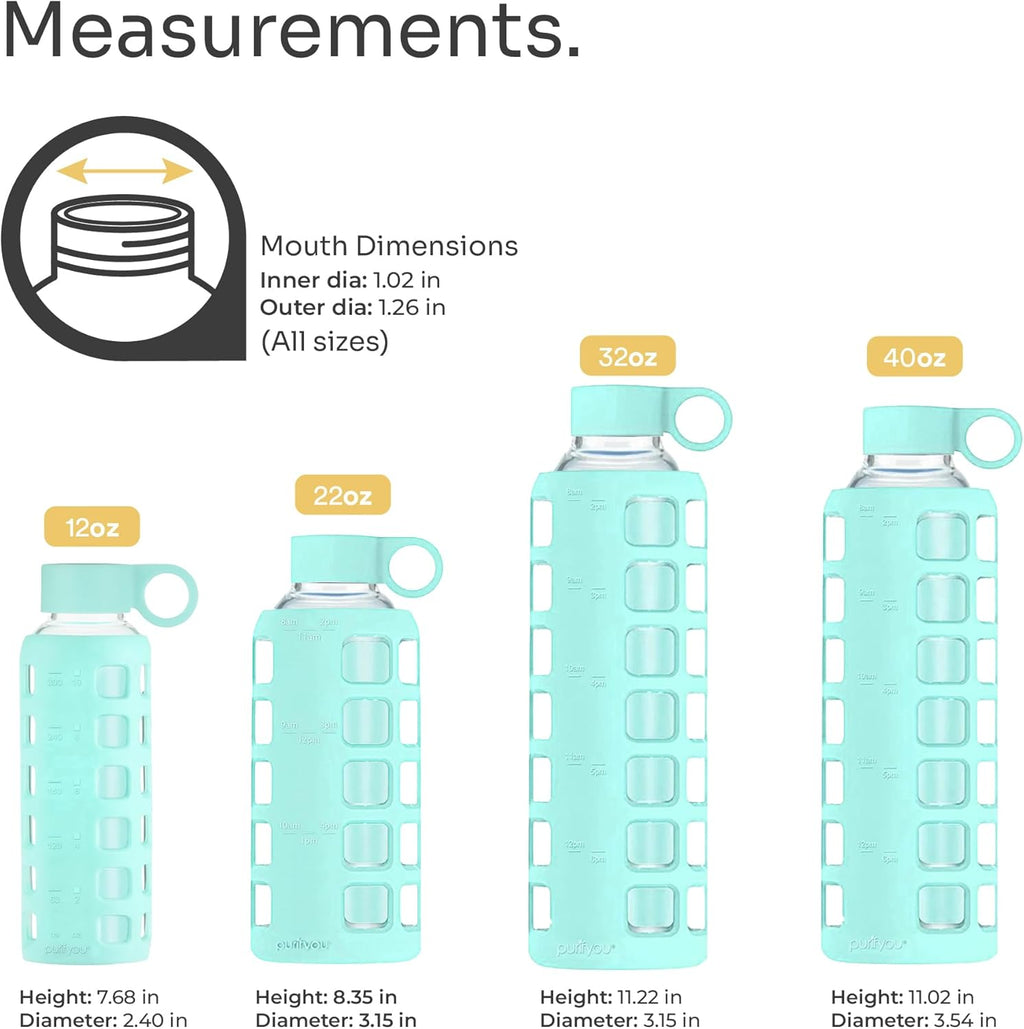 purifyou 40oz / 32oz / 22oz / 12oz Borosilicate Glass Water Bottle with Time & Volume Markers, Silicone Sleeve, Stainless Steel Lid | Reusable Glass Bottle for Water & Juice (12oz Glow-in-the-Dark)