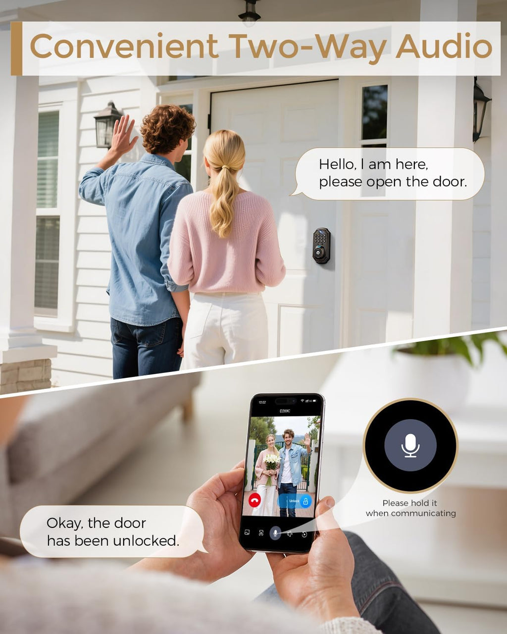 WiFi Video Smart Lock with Camera -Keyless Entry Deadbolt, 5-in-1 (Camera+Doorbell+Fingerprint+Keypad), App Control, Two-Way Audio, Waterproof, Easy Installation