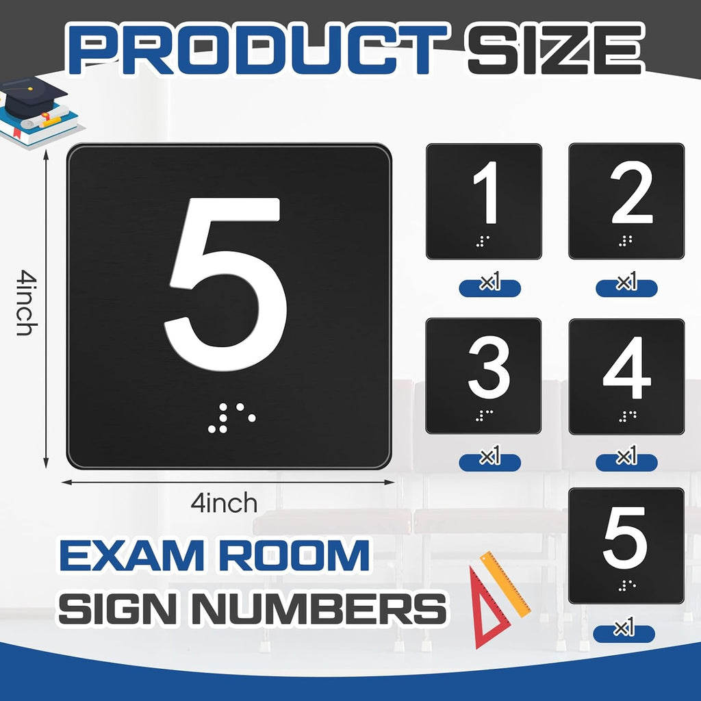 Exam Room Sign Numbers 1-5 with Braille and Tactile 4" x 4" Identification Signs Numbers for Exam Rooms Offices Educational Institution Directional Assistance Test Center (Black/white)