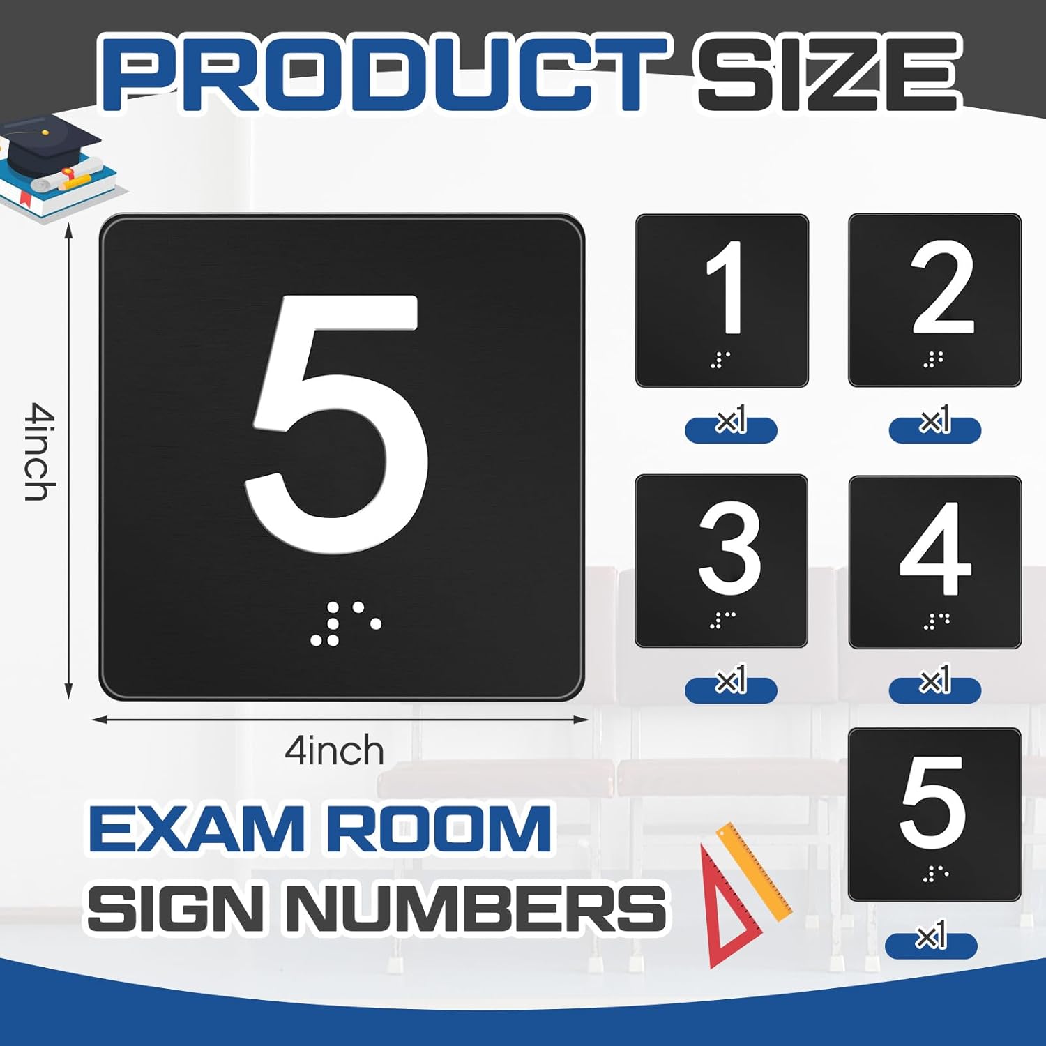 Exam Room Sign Numbers 1-5 with Braille and Tactile 4" x 4" Identification Signs Numbers for Exam Rooms Offices Educational Institution Directional Assistance Test Center (Black/white)