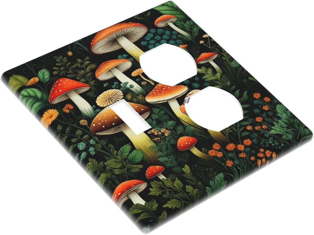 Decorative Outlet Covers Red Mushroom Flowers Green Leaf Plants 2 Gang Wall Plate Single Toggle Duplex Light Switch Cover Switch Plate Covers Faceplate for Bedroom Home Decor