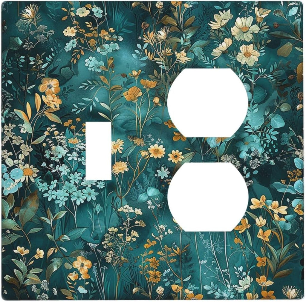 Wallplates Green Leaf Floral Boho Golden Flower Plant 1 Toggle 1 Duplex Switch Plate Electrical Gfci Faceplate Decorative Light Switch Covers For Bed Room Cabin Decor