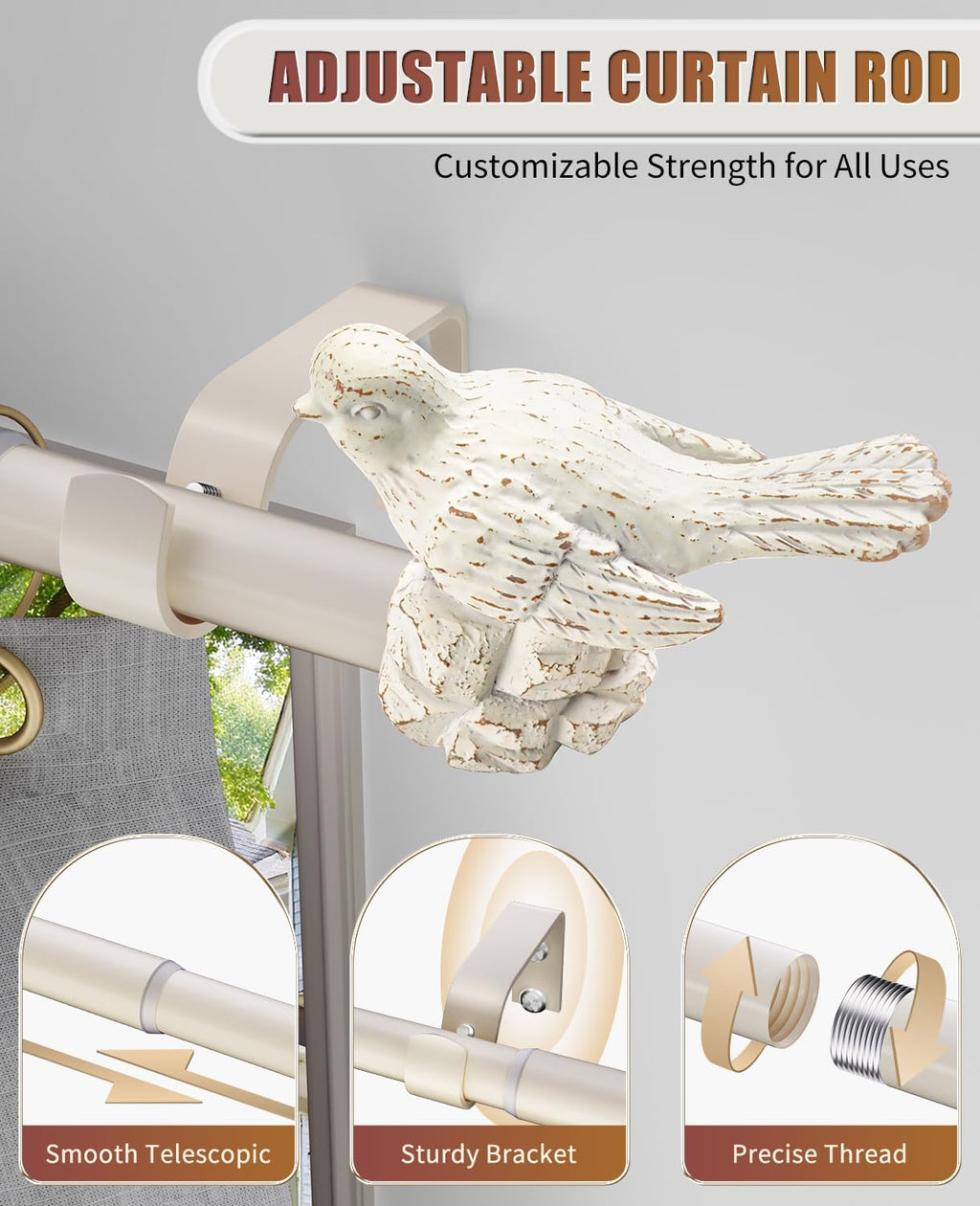 Curtain Rod 36 to 168 Inches White Curtain Rods for Windows Adjustable Drapery Rod with Bird Finials Heavy Duty Window Curtains Rods for Living Room Bedroom