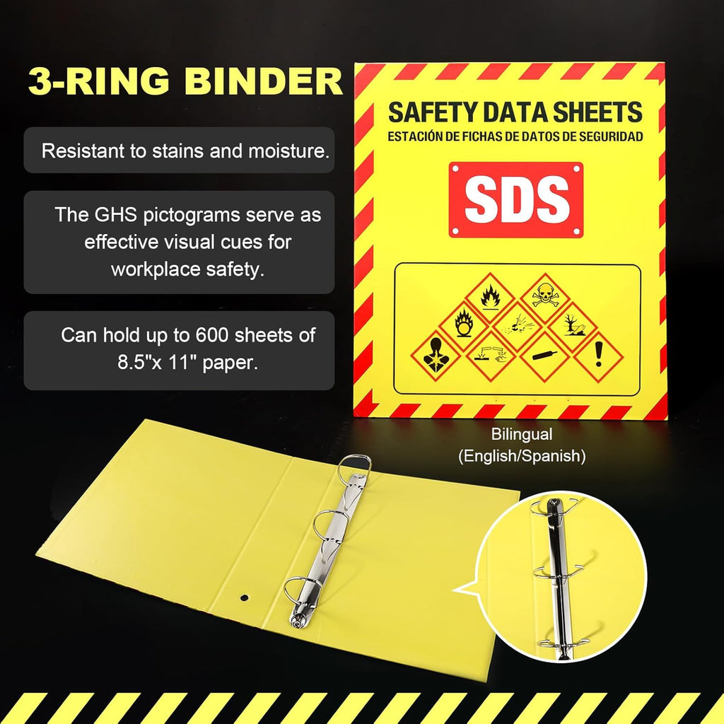 MSDS Yellow Heavy Duty 3 Inch Material Safety Data Sheet 3 Ring Binder with SDS Wire Rack, Display Sign, Chain, Safety Posters, Labels, Wall Mount