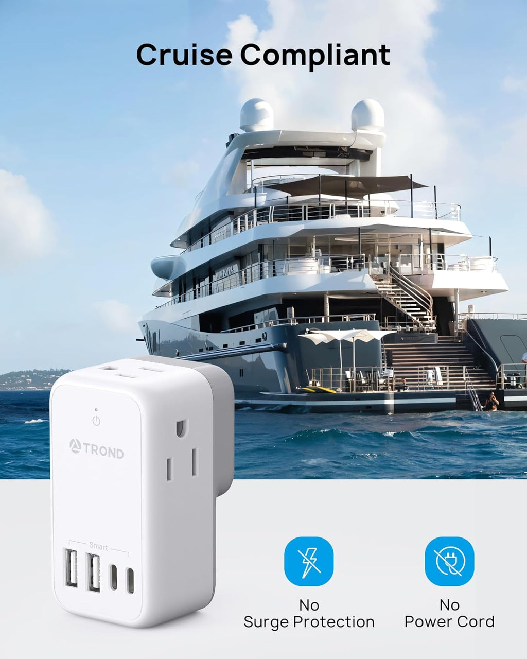TROND Cruise Power Strip with 360 Rotating Plug, Cruise Ship Essentials No Surge Protector with 4 USB Outlets, Compact for Carnival, Princess, Norwegian, MSC & Major Ship Lines