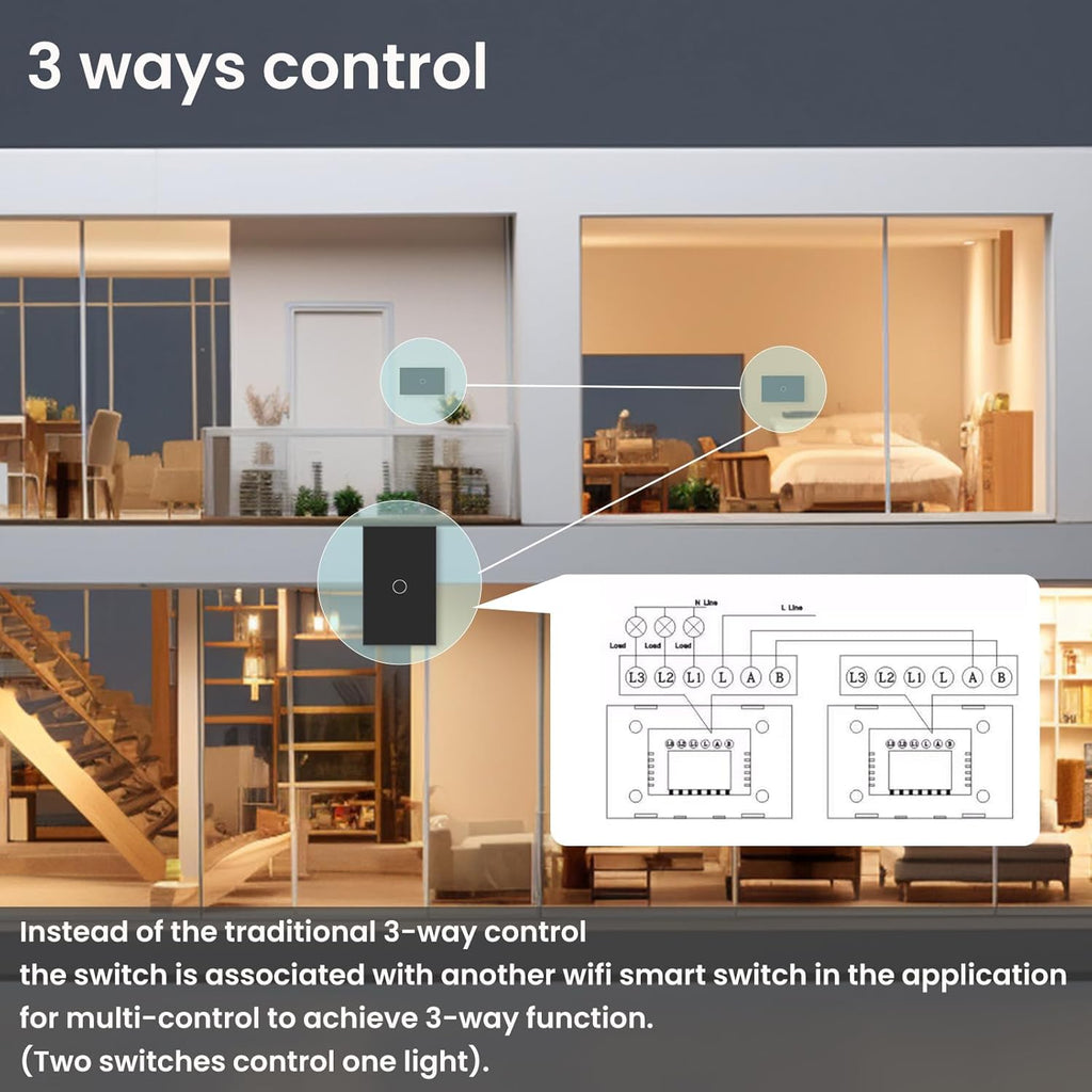 WiFi Smart Light Switch 118X72X34MM Need Neutral Wire,2.4GHz Wi-Fi Touch Switch,Work with Smart Life/Tuya App, Compatible with Alexa and Google Home, Black 1 Gang