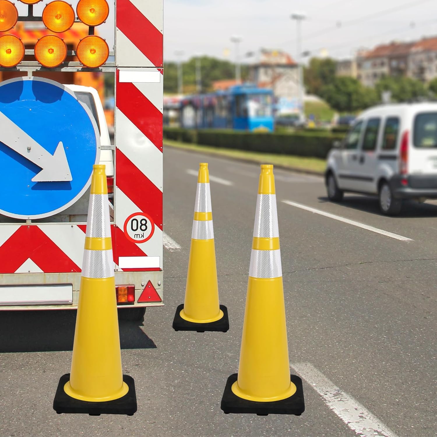 8 Pack 36 Inch Yellow Traffic Cones with Reflective Strips, Large Black Base Safety Cones for Industrial Sites, Warehouses and Emergency Marking (8, Yellow, 36 Inch)