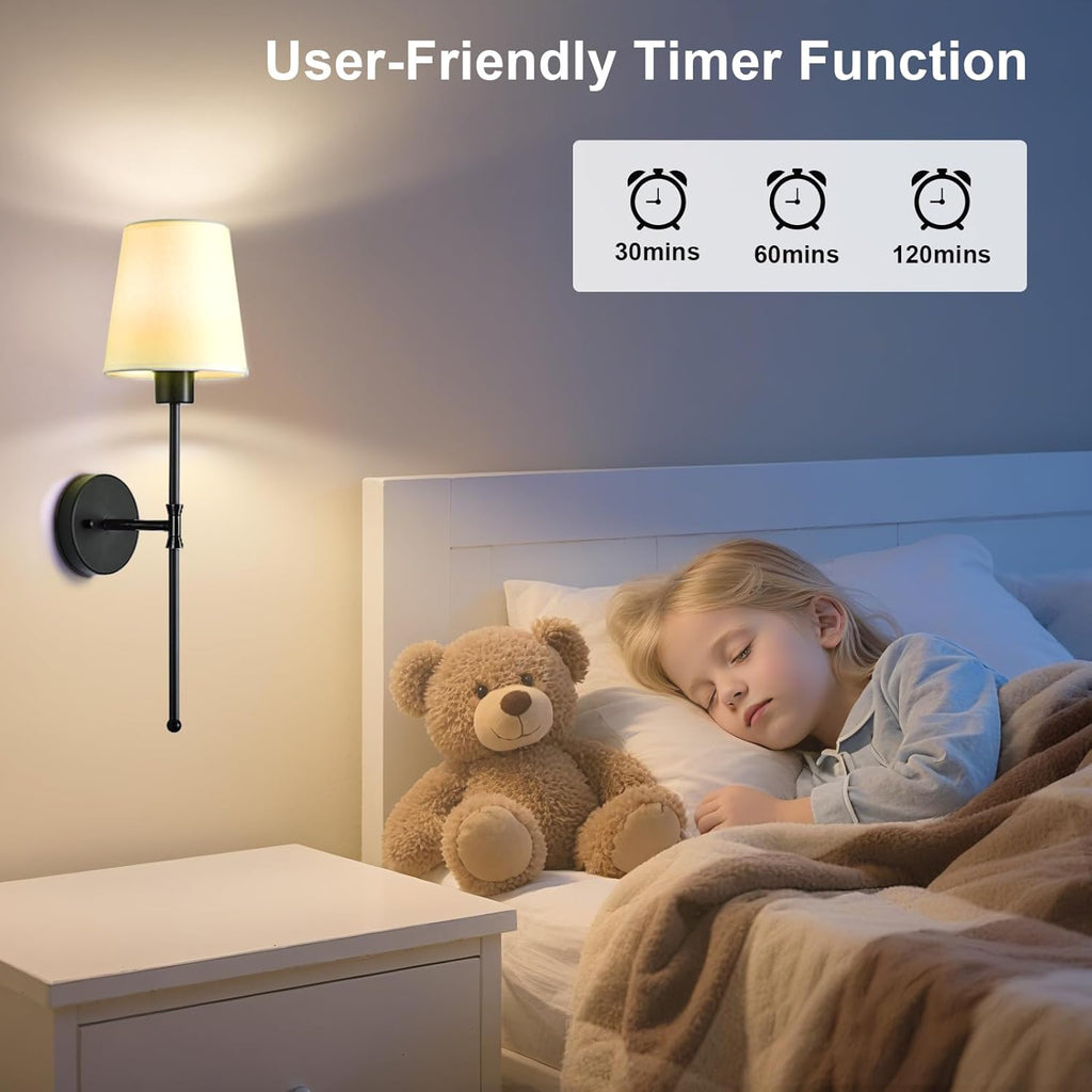 Depuley Battery Operated Wall Sconce: Rechargeable Wall Lamp Set of 2 with Remote and Dimmable Bulb for Home Decor - Wireless Wall Lights with 15 Colors for Bedroom E26 Base Fabric Shade Black
