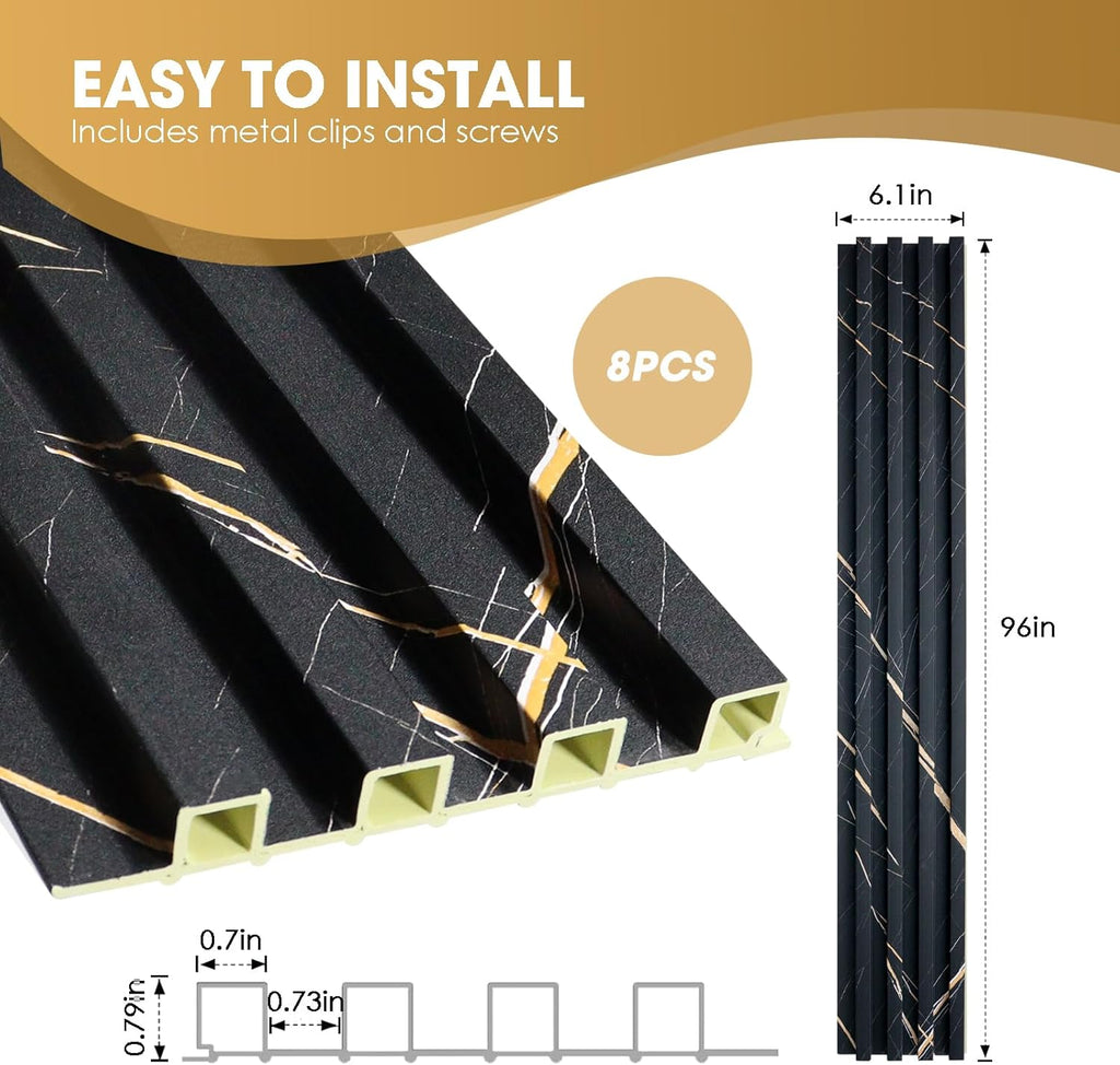 OUZUGIE WPC Acoustic Slat Wall Paneling, 8-Pack 96 x 6 Inches 3D Wall Panels for Interior Wall Decor,Living Room,TV Background,Study Room,Office Spaces,Bedroom,High Grille (Black Marble)