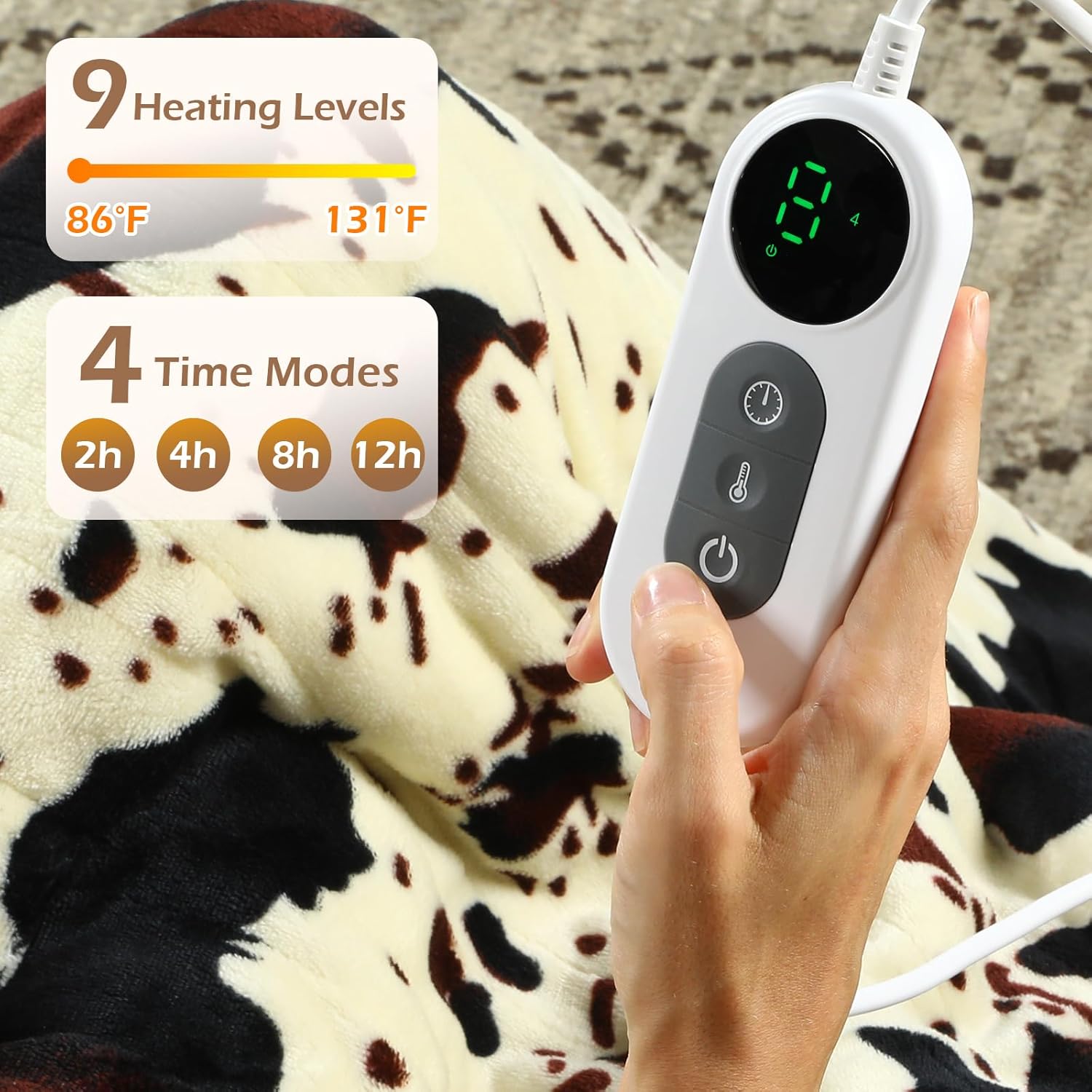 Cow Print Heated Blanket, 90"x100" Electric Blanket King Size Dual Control, Cozy Soft Flannel Sherpa Heating Blankets with 9 Heat Levels & 2/4/8/12H Auto-Off