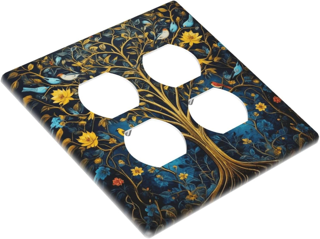 Decorative Outlet Covers Gold Tree of Life Blue Bird Yellow Flower 2 Gang Wall Plate Double Duplex Light Switch Cover Switch Plate Covers Faceplate for Bedroom Home Decor