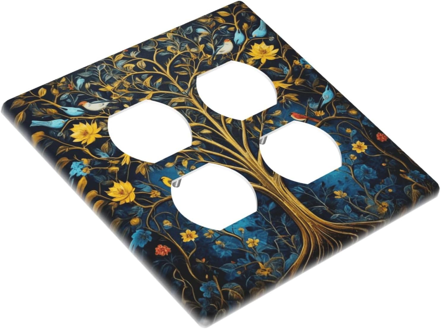Decorative Outlet Covers Gold Tree of Life Blue Bird Yellow Flower 2 Gang Wall Plate Double Duplex Light Switch Cover Switch Plate Covers Faceplate for Bedroom Home Decor