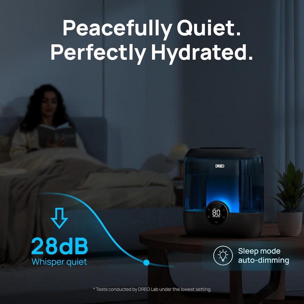 Dreo 6L Top Fill Humidifiers for Bedroom, 60H Runtime 28 dB Quiet Supersized Cool Mist Air Humidifiers for Large Room, Baby Nursery, Plant, Indoor, Night Light, Easy to Clean, Precise Humidity Control