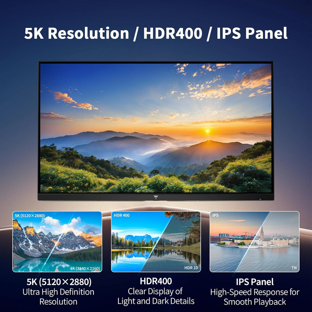 KTC 5K Monitor 27 Inch: Dual Mode 5K (5120x2880) @60Hz / 2K@160Hz Computer Monitor, 99% DCI-P3, 100% sRGB, ΔE＜2, Type-C 65W, HDMI & DP, HDR400, Compatible with Mac mini, H27P3