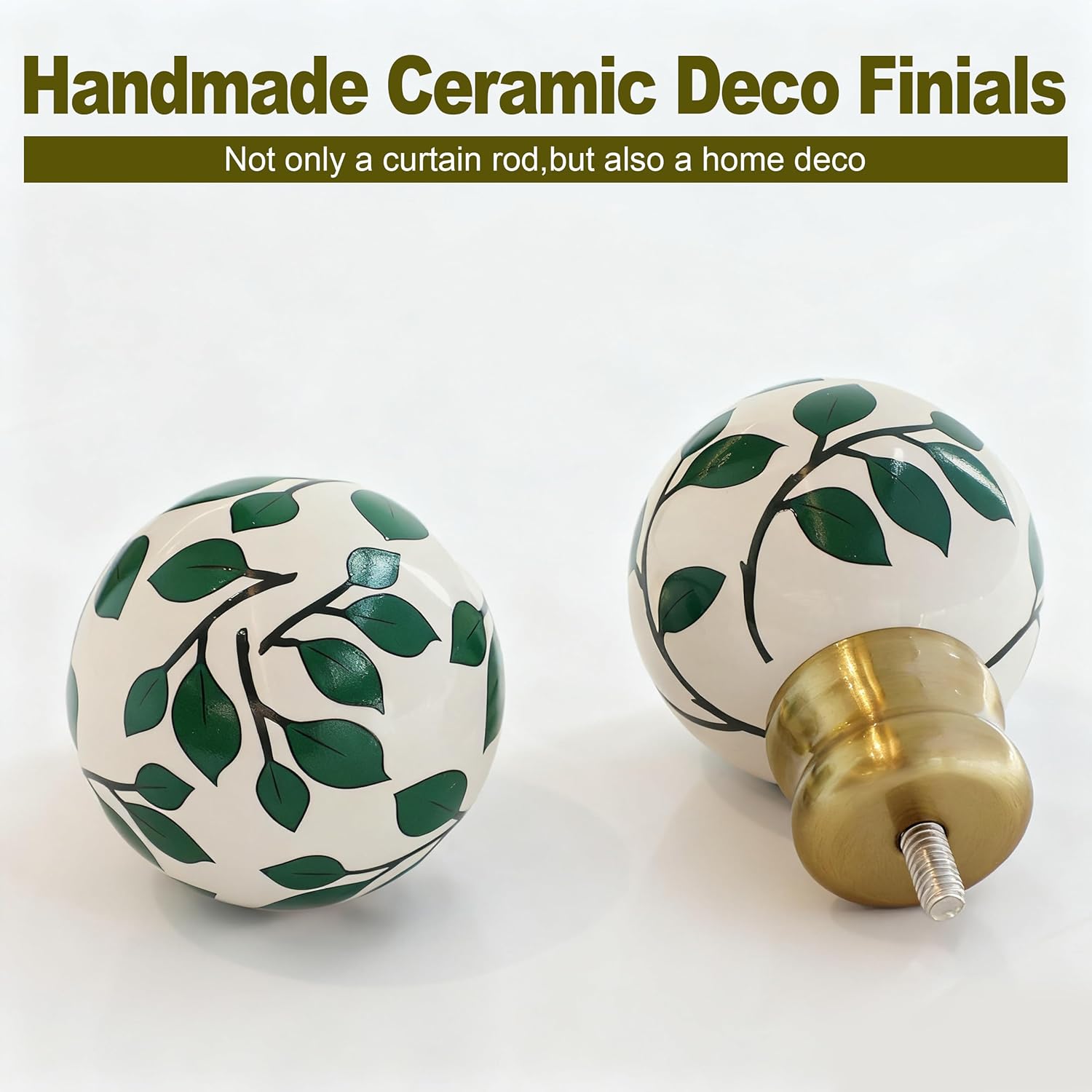 Ceramic Gold Curtain Rods for Windows 28 to 48 Inches Adjustable Length Heavy Duty 1" Diameter Window Curtain Rod with Modern Green Leaf Pattern Decorative Finials for Bedroom Living Room Kitchen