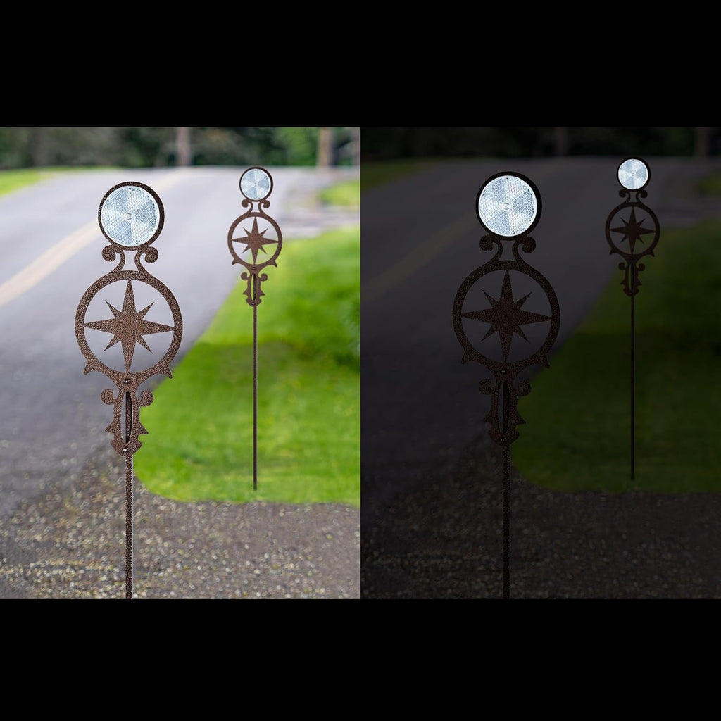 Touch of Class Pathways Reflective Driveway Marker Stake Set of Two for Outdoor Use | Compass Star Emblem Design | Personalized Tall Reflector Set of 2 | Weathered Bronze Durable Finish