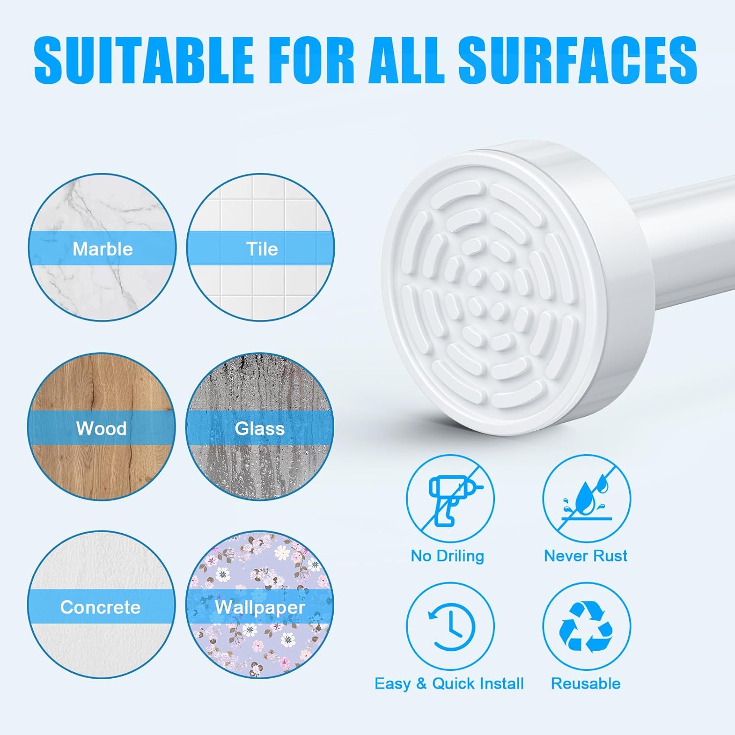 TEECK Shower Curtain Rod, 32-68 inch Adjustable Spring Tension Curtain Rod, Never Rust Anti-Slip Shower Curtain Rod for Bathroom, No Drilling, Never Collapse, Easy to Use, White