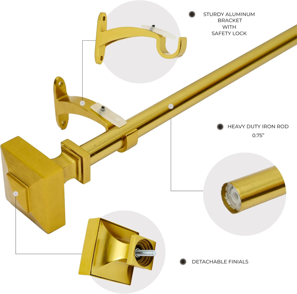 Deco Window Adjustable Golden Curtain Rod for Windows 44 to 120 Inch (Pack of 1) Extendable Heavy Duty 3/4 Inch Iron Drapery Pole with Stacked Square Finials (Gold)