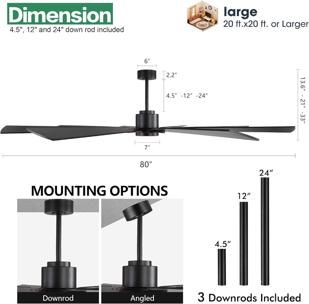 WINGBO 80" DC Ceiling Fan with Lights and 3 Downrods, Matte Black Ceiling Fan, 8 Plywood Blades, 6-Speed Reversible DC Motor, Large Ceiling Fans for Kitchen Bedroom Living Room
