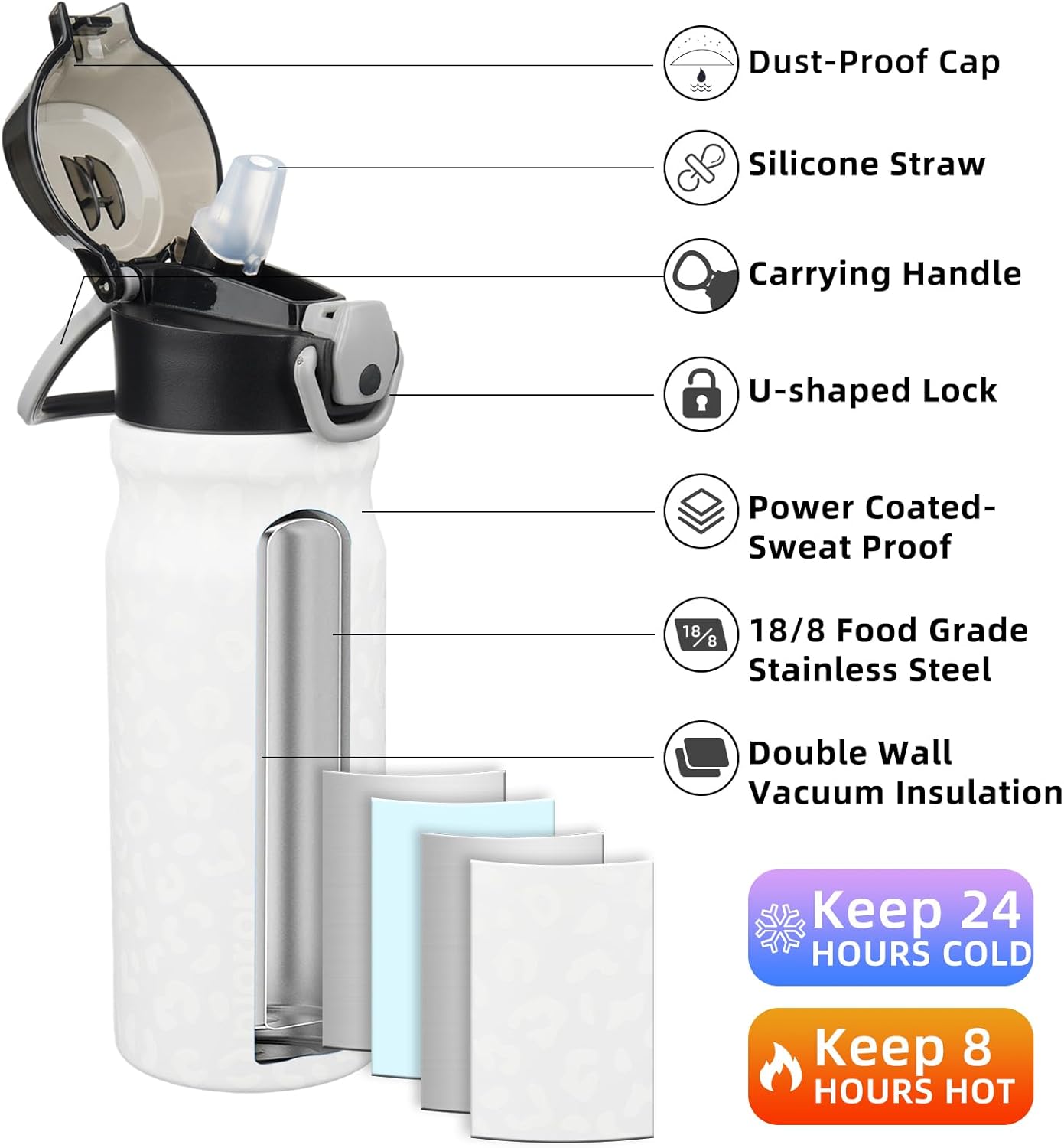 BJPKPK Water Bottle with Straw 18oz Insulated Water Bottles Reusable Stainless Steel Metal Thermal Flask with Leak Proof Lockable Lid and Carry Handle,Cream Leopard