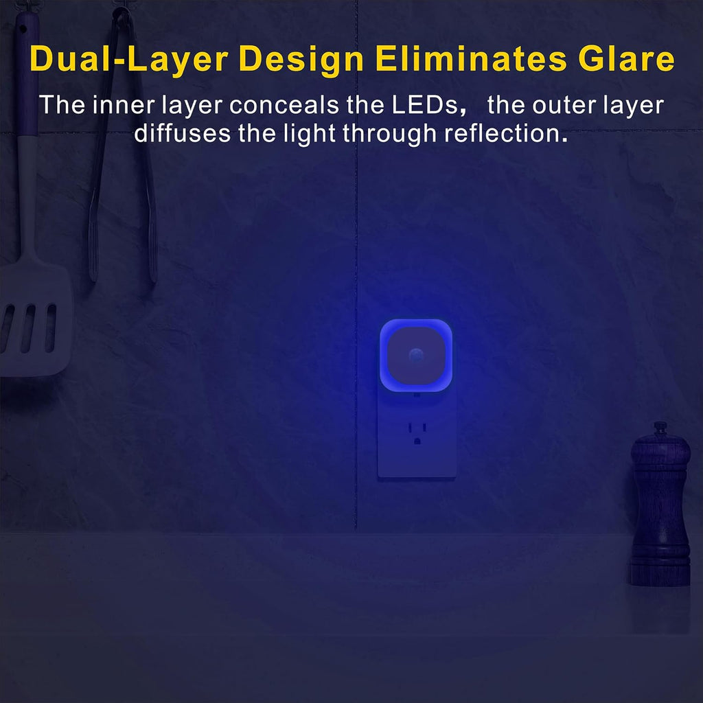2 Pack Plug in Night Light with Motion Sensor & Dusk to Dawn Sensor, 3 Sensor Modes, Blue Night Lights Plug into Wall, Dimmable Nightlight for Bathroom, Bedroom, Indoor