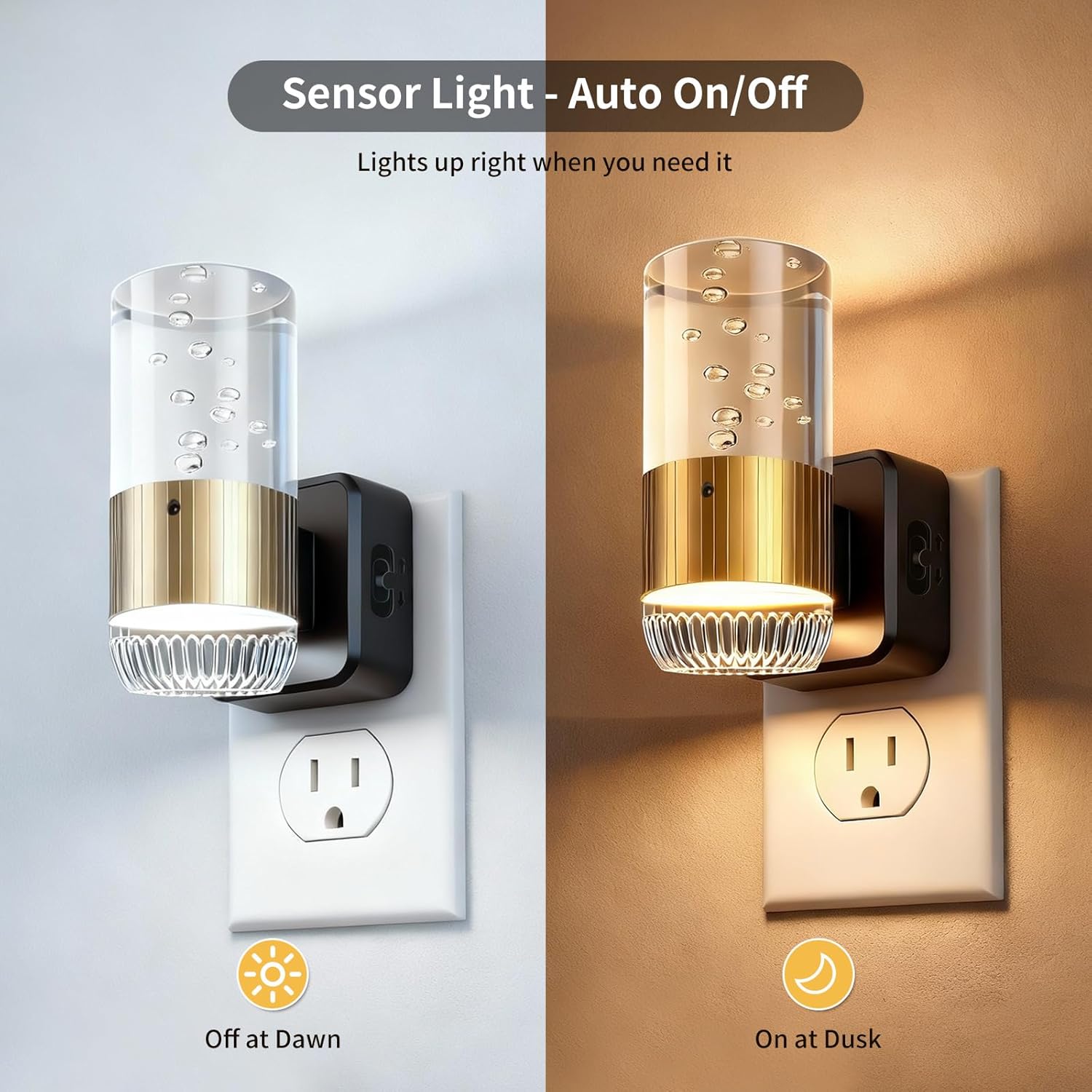 LED Night Light Plug into Wall with Dusk to Dawn Sensor,0-100LM Brightness Acrylic Nightlight with 3 Adjustable Color(3000K/4500K/6000K),2 Pack (Copper)