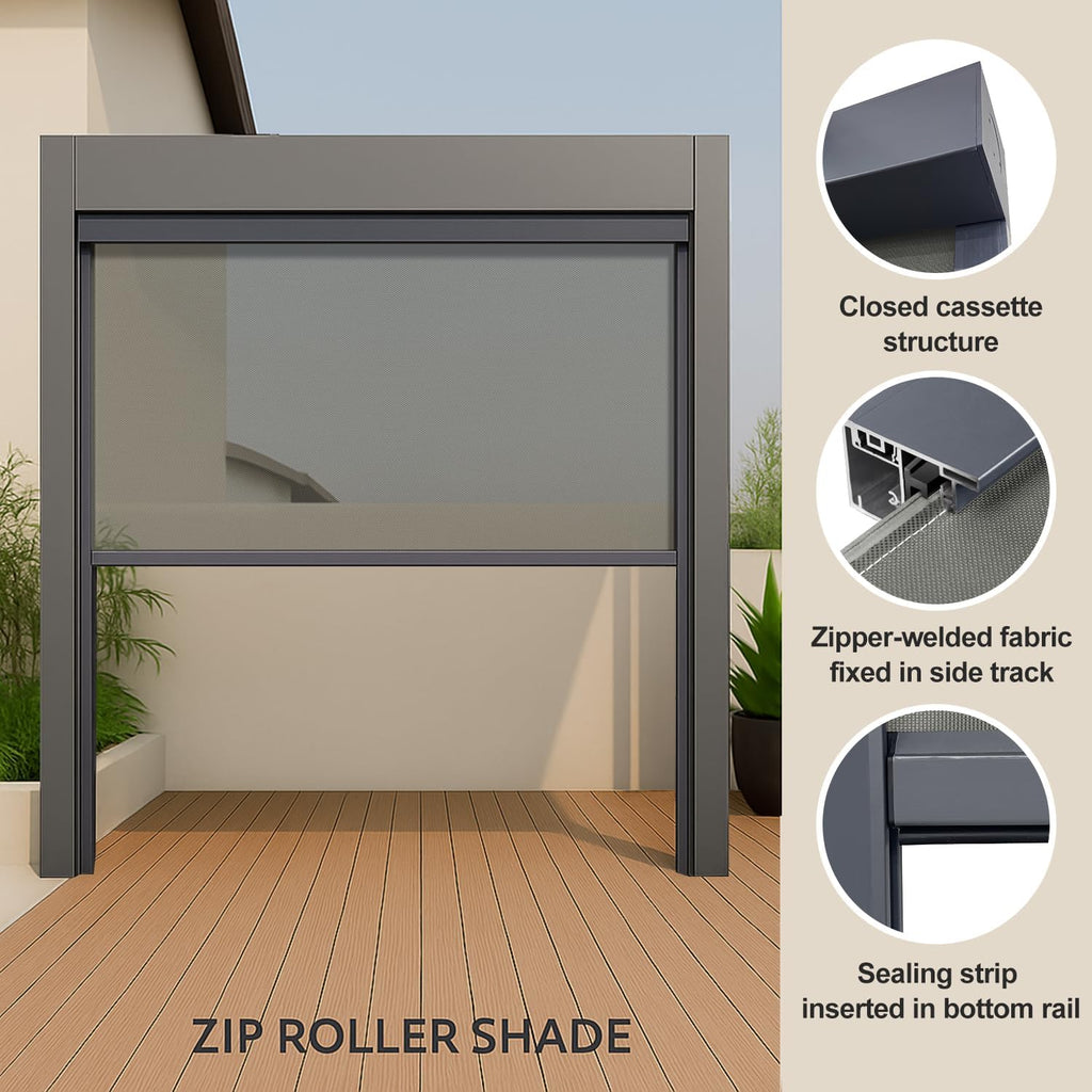 ZSHINE Hard-Wired Outdoor Snow Blocking Weatherproof Motorized Patio Roller Shades Remote Control for Porch Balcony Customized Size (Light Grey 30% Openness)