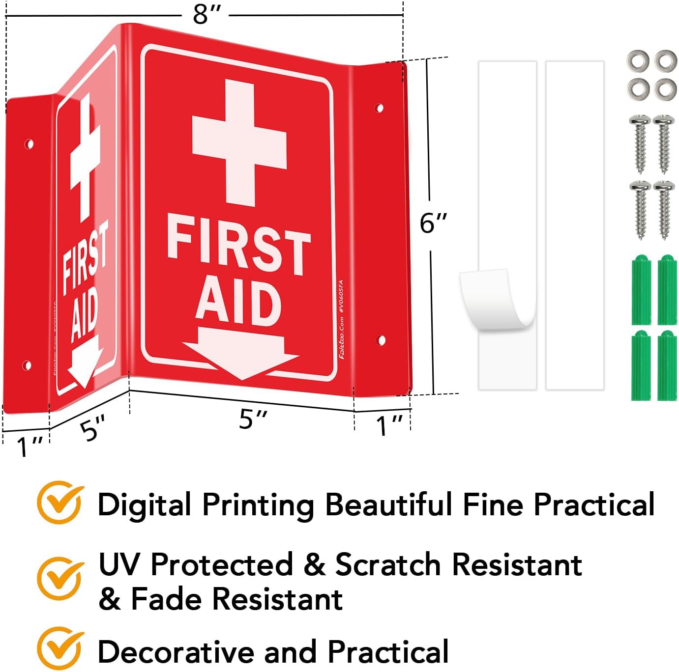 Faittoo First Aid Sign, 5 Pack First Aid with Cross Symbol - 6 x 8 Inches V-Shaped Acrylic Plastic, 4 Pre-Drilled Holes, Includes Matching Screws, Use for Home Office/Business