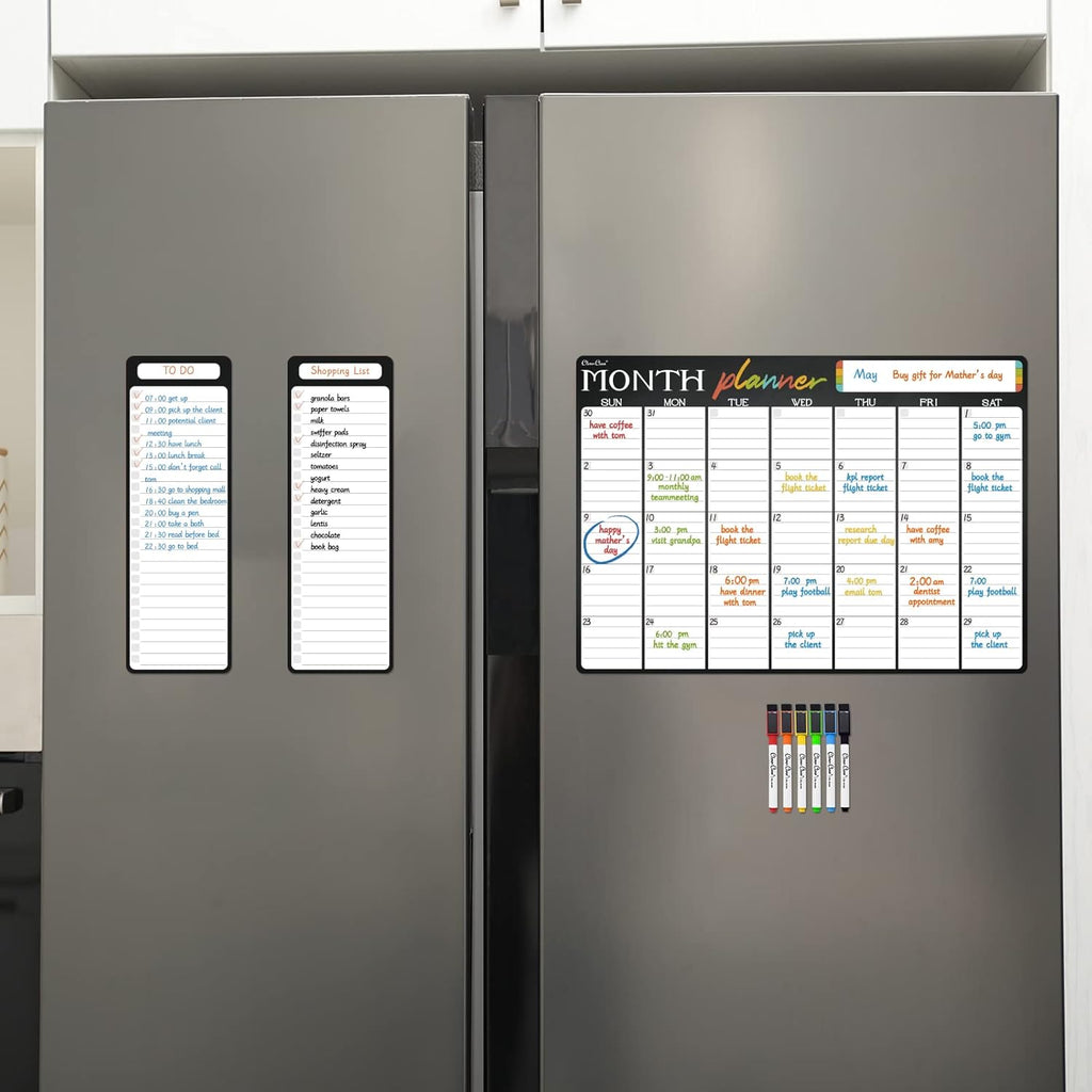 Magnetic Dry Erase Monthly Calendar - 17"x12" Monthly Calendar for Fridge - 4"x12" List Board 2 Pcs - 6 Extra Fine Point Markers Included - Shipped Flat